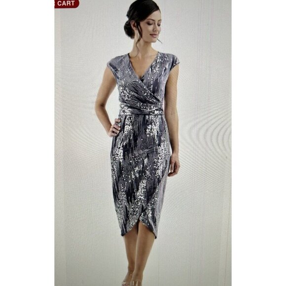 JS Collections June Sequin Velvet Faux Wrap Cocktail Dress in Gray/Silver Sz 16 - Picture 3 of 16